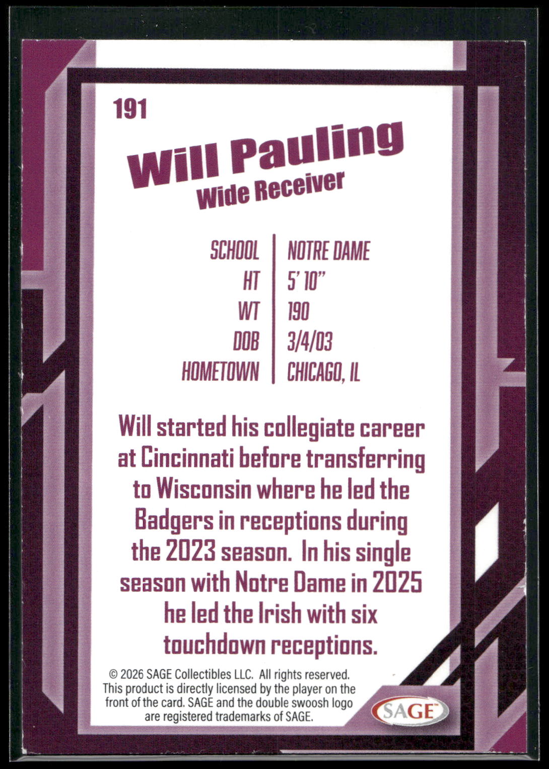 2026 SAGE #191 Will Pauling Silver