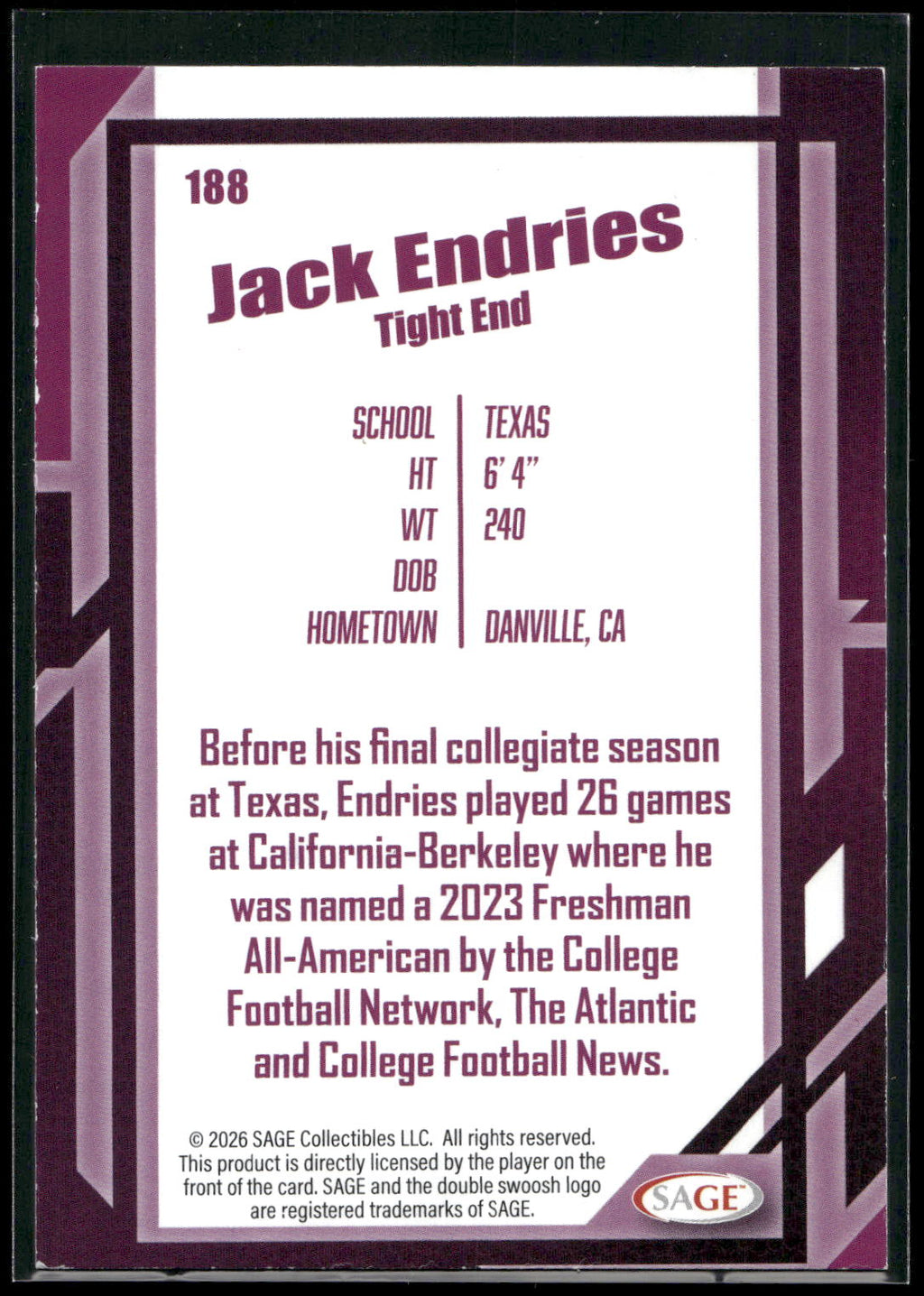 2026 SAGE #188 Jack Endries Silver