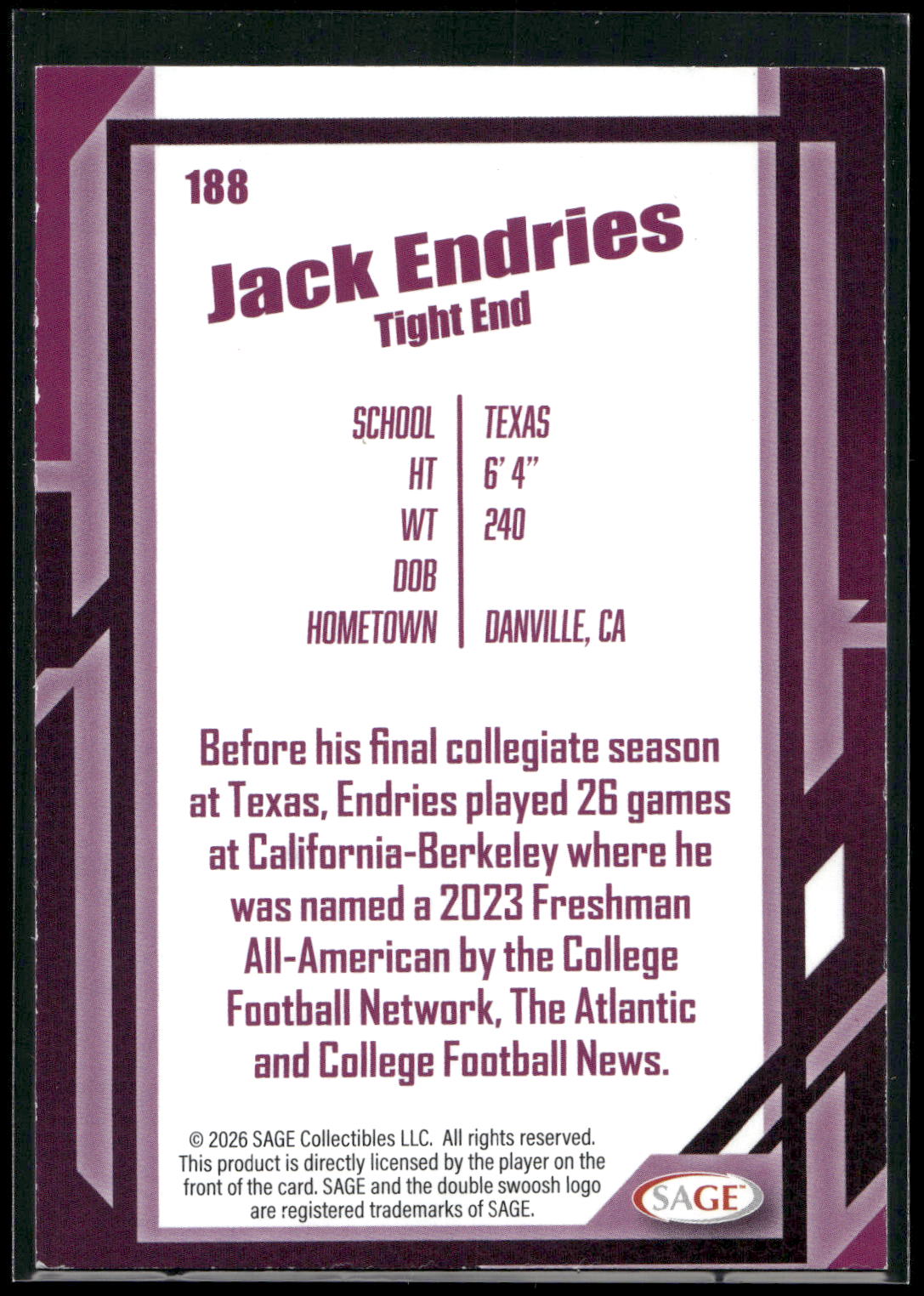 2026 SAGE #188 Jack Endries Silver