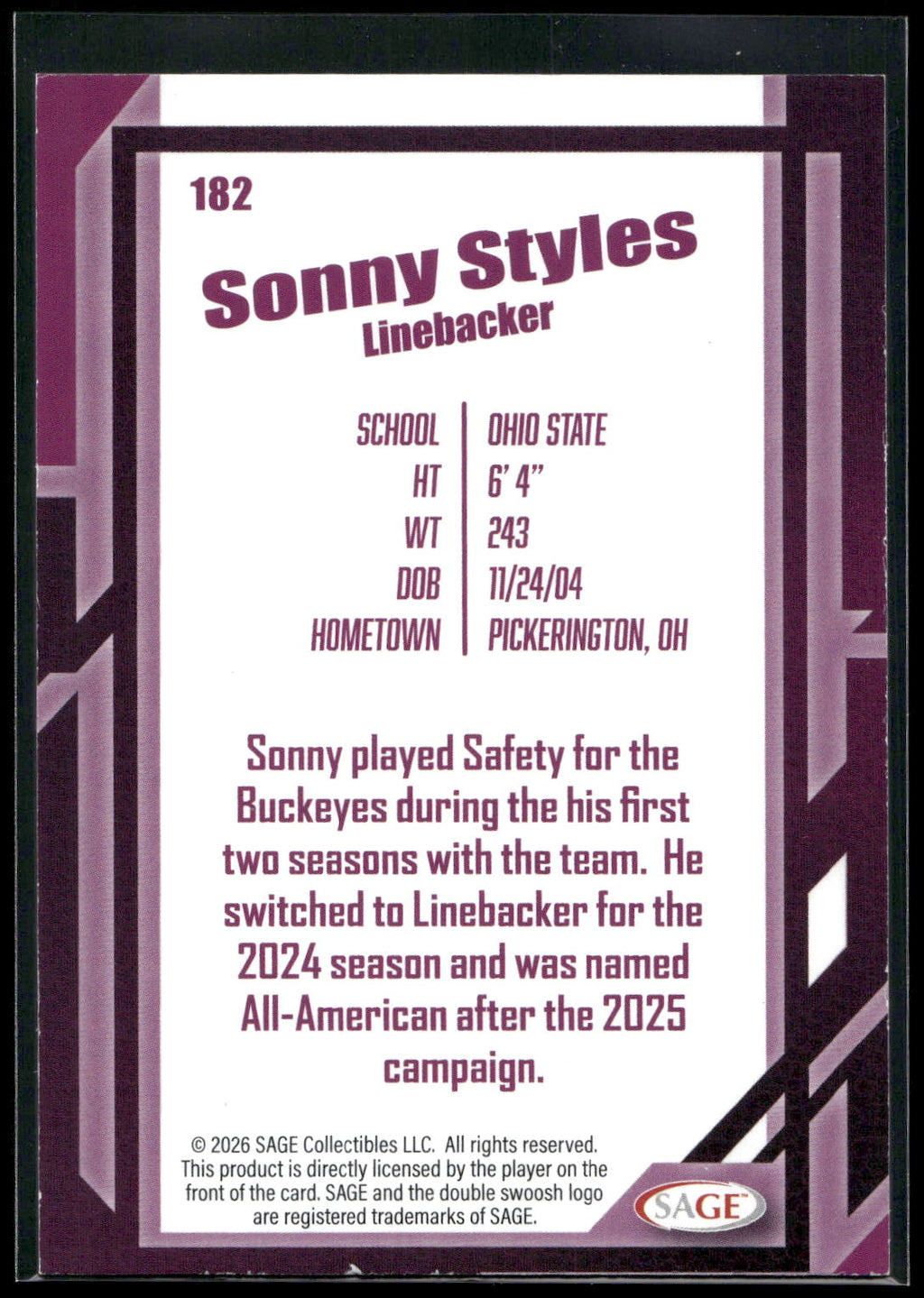 2026 SAGE #182 Sonny Styles Silver