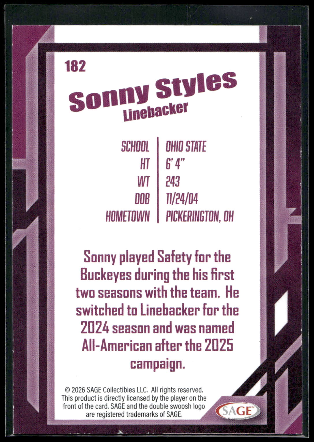 2026 SAGE #182 Sonny Styles Silver