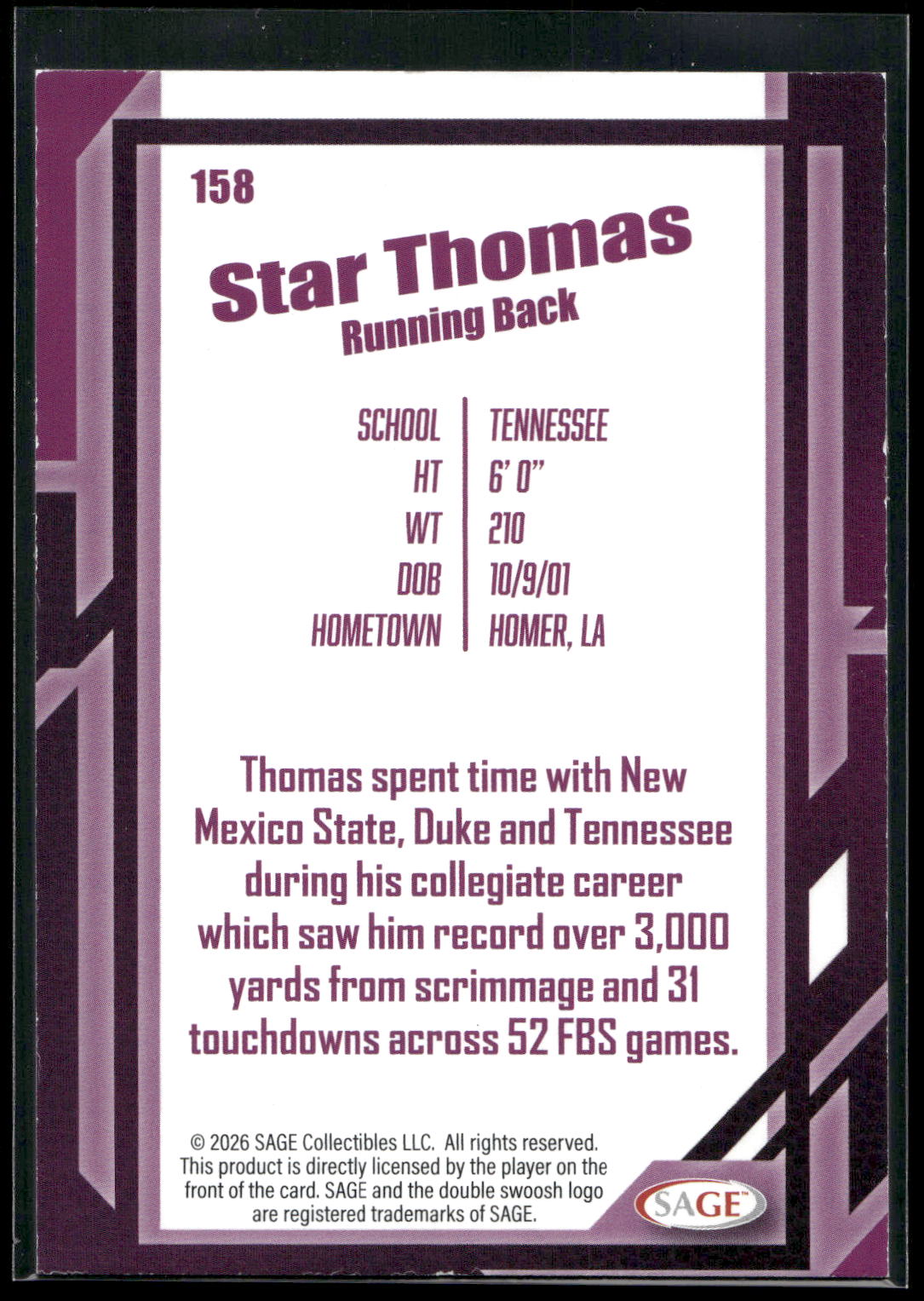 2026 SAGE #158 Star Thomas Silver