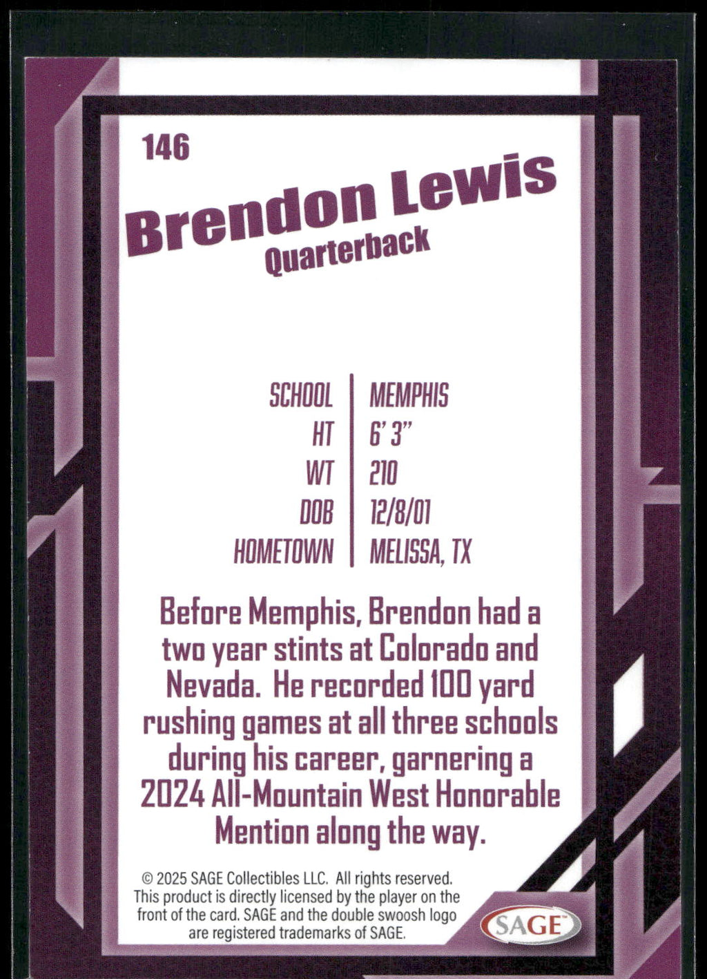 2026 SAGE #146 Brendon Lewis Silver