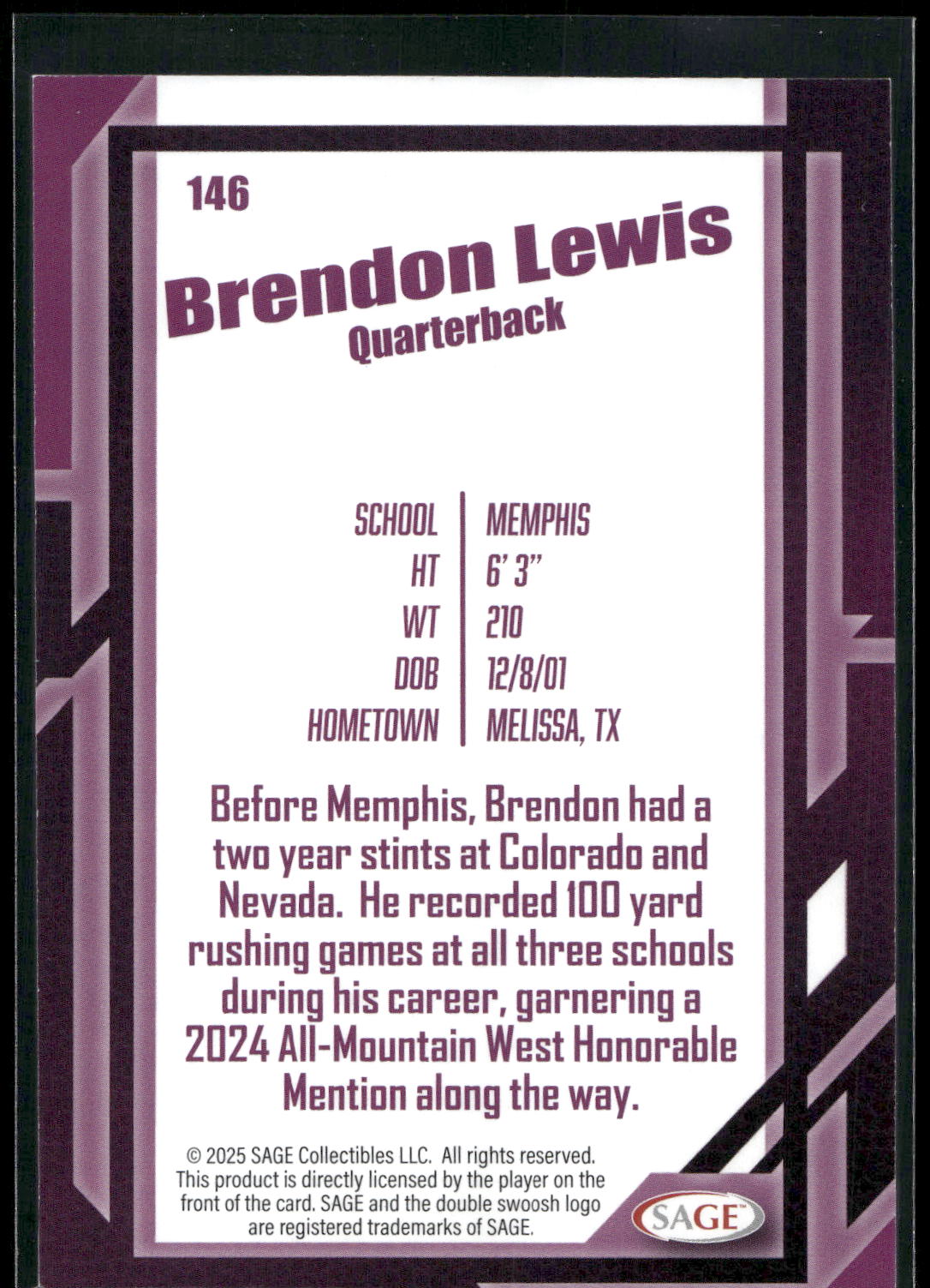 2026 SAGE #146 Brendon Lewis Silver