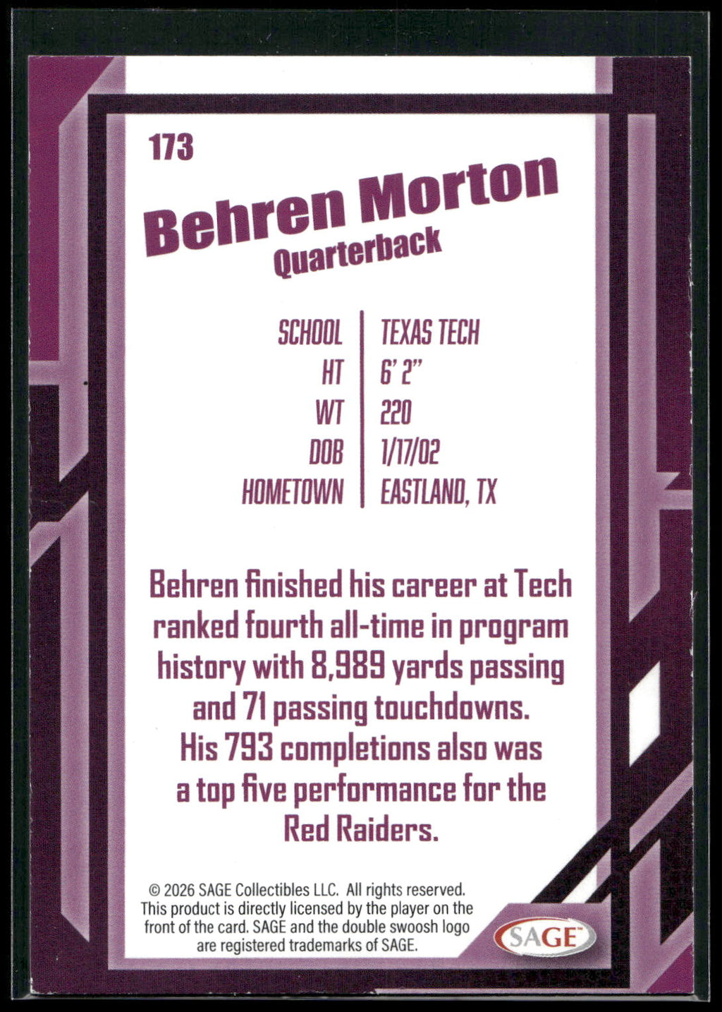2026 SAGE #173 Behren Morton Silver