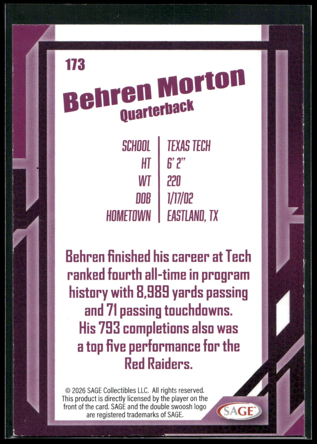 2026 SAGE #173 Behren Morton Silver