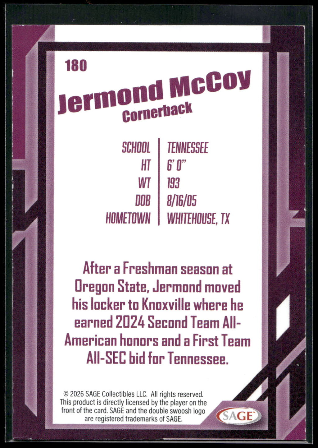 2026 SAGE #180 Jermod McCoy Silver