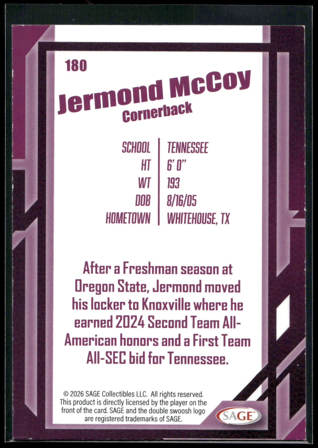 2026 SAGE #180 Jermod McCoy Silver