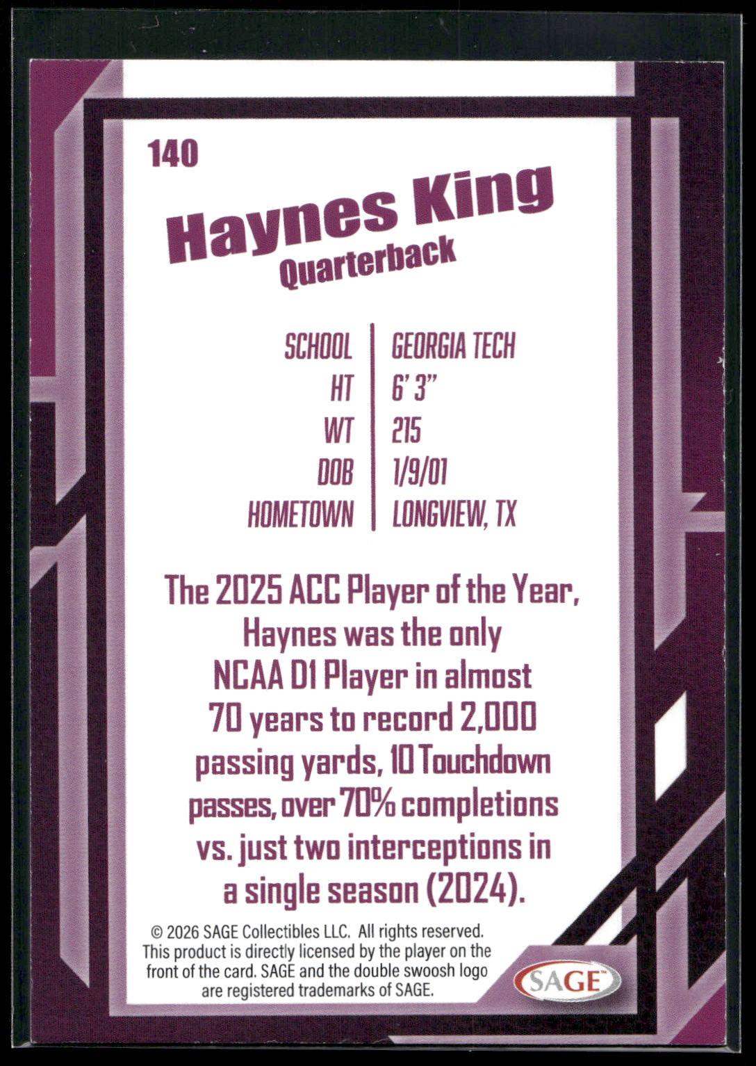 2026 SAGE #140 Haynes King Silver