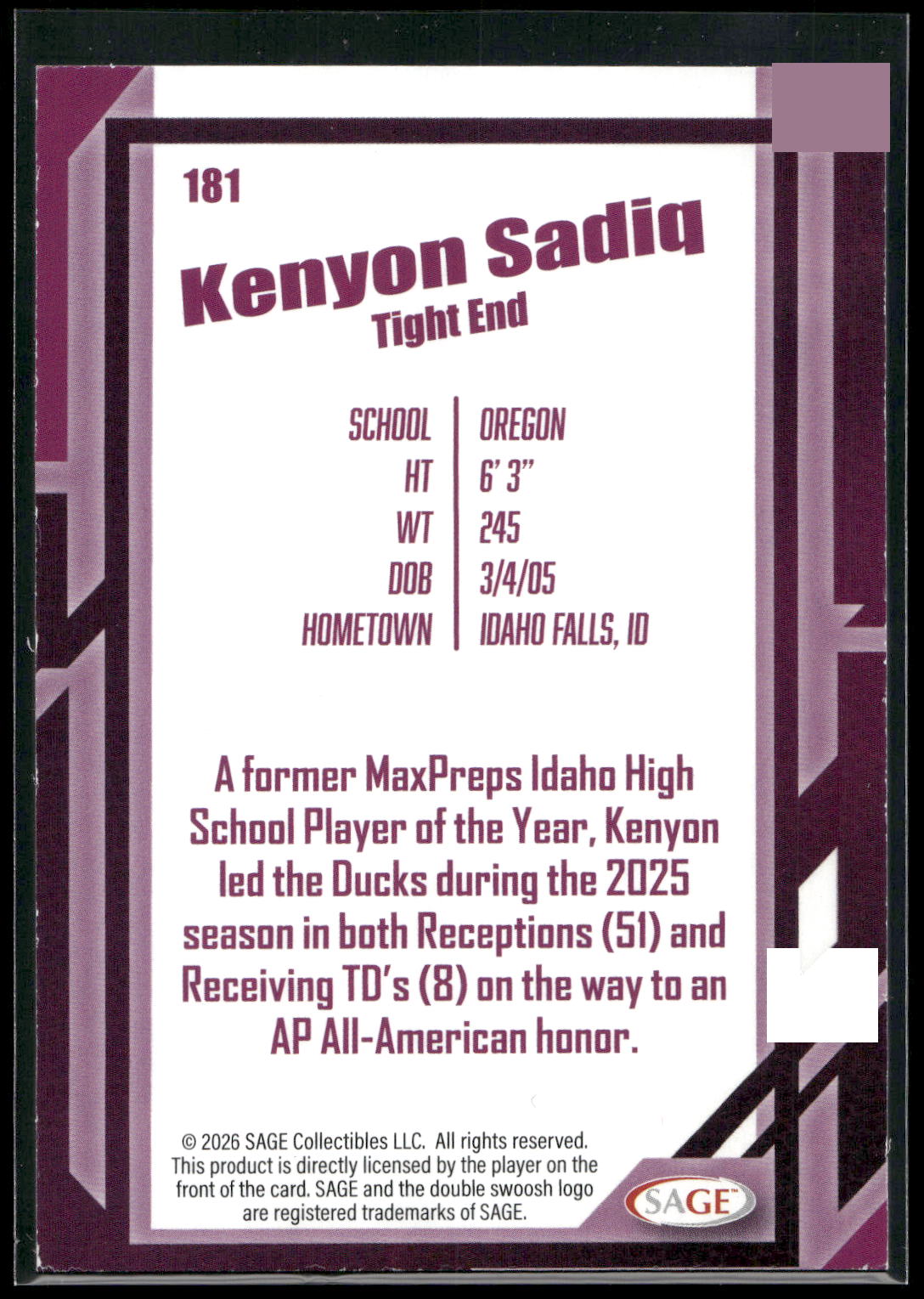 2026 SAGE #181 Kenyon Sadiq Silver