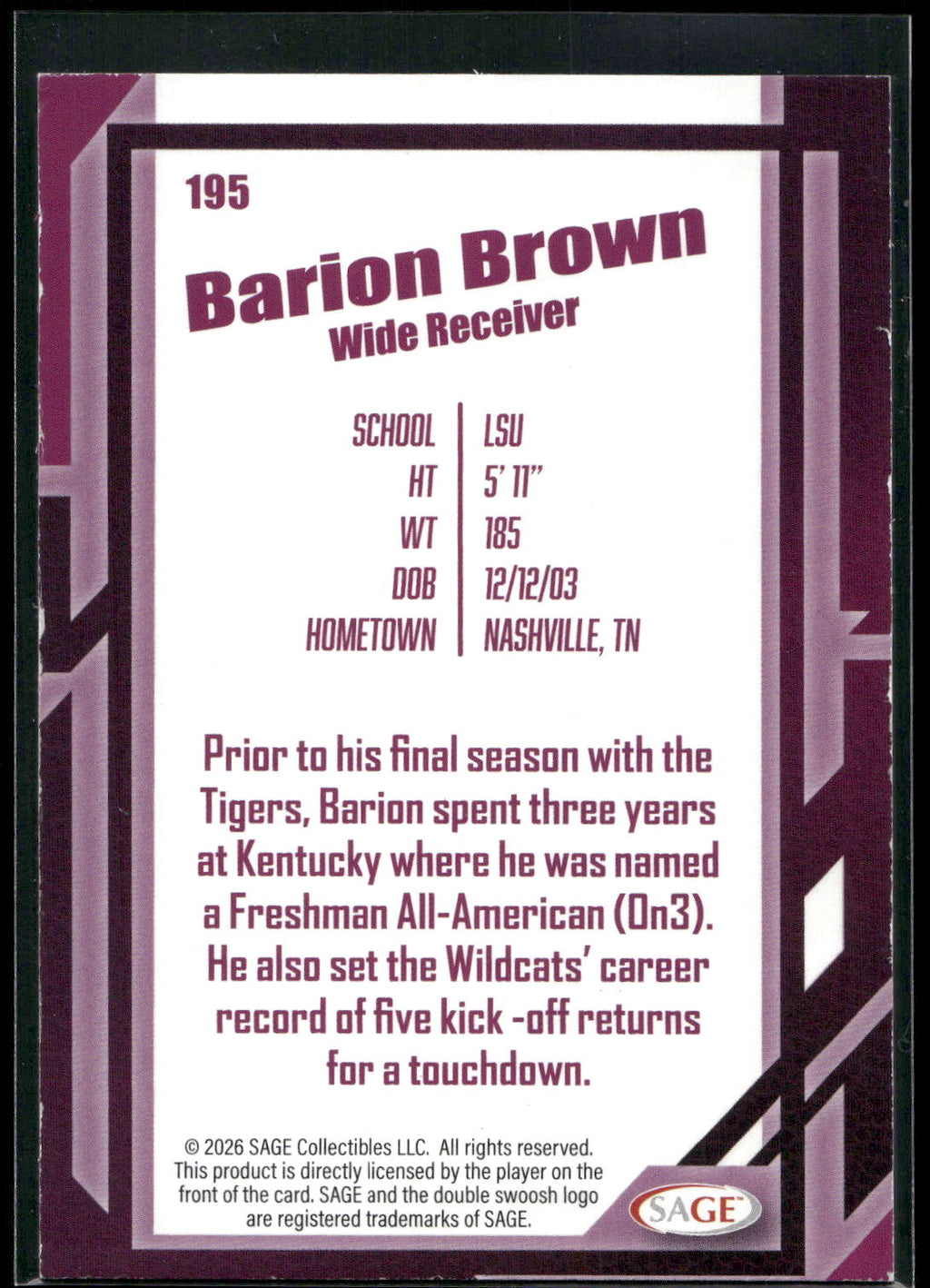 2026 SAGE #195 Barion Brown Silver