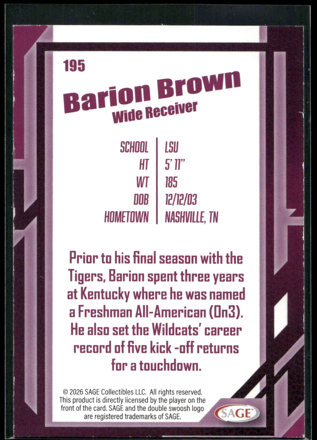 2026 SAGE #195 Barion Brown Silver