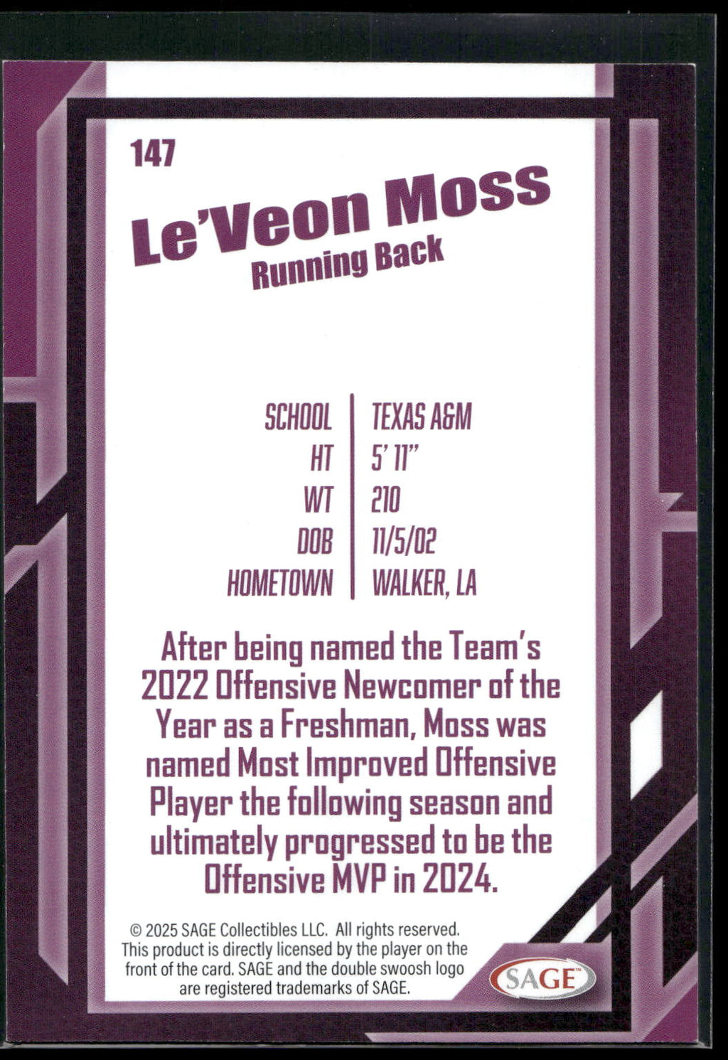 2026 SAGE #147 Le'Veon Moss Silver