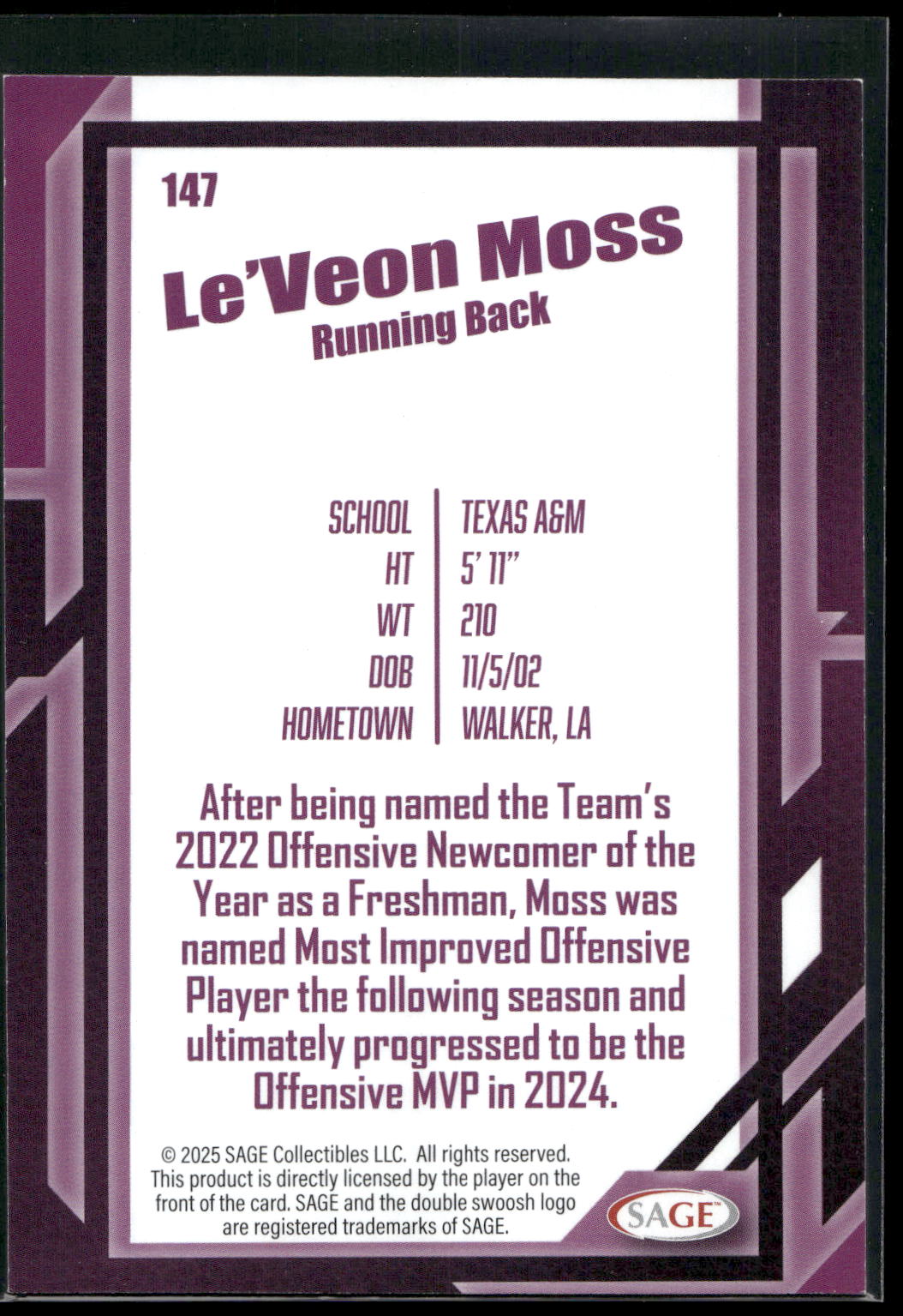 2026 SAGE #147 Le'Veon Moss Silver