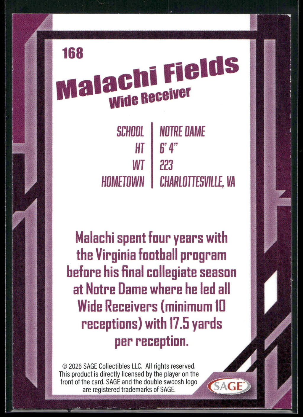2026 SAGE #168 Malachi Fields Silver