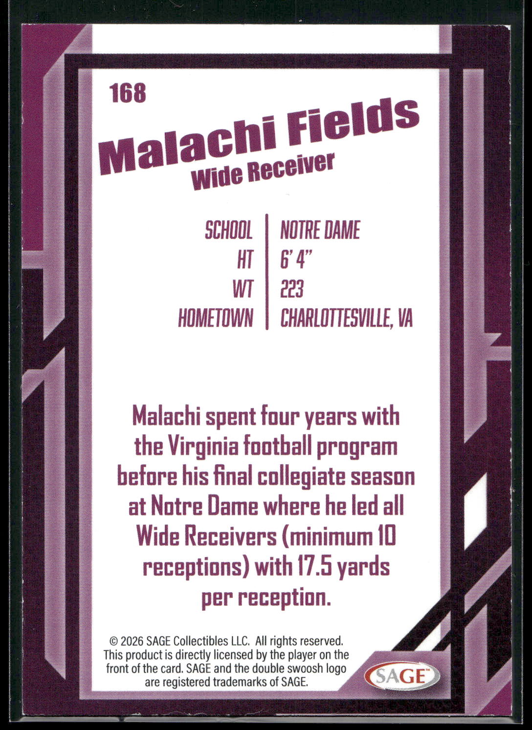 2026 SAGE #168 Malachi Fields Silver