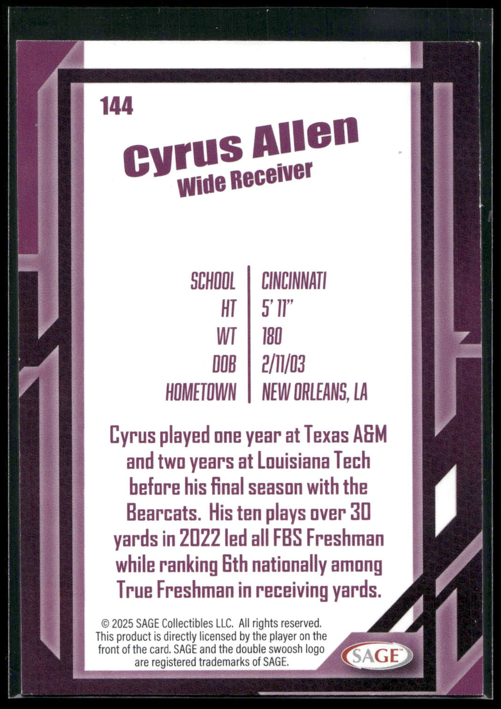 2026 SAGE #144 Cyrus Allen Silver