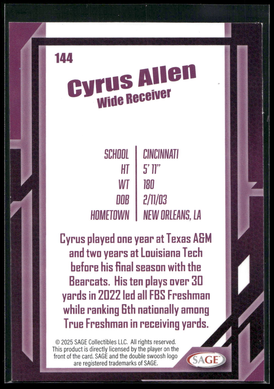 2026 SAGE #144 Cyrus Allen Silver