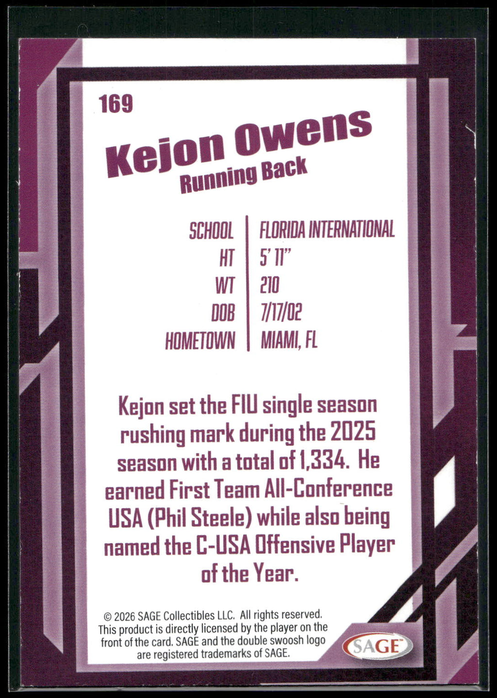 2026 SAGE #169 Kejon Owens Silver