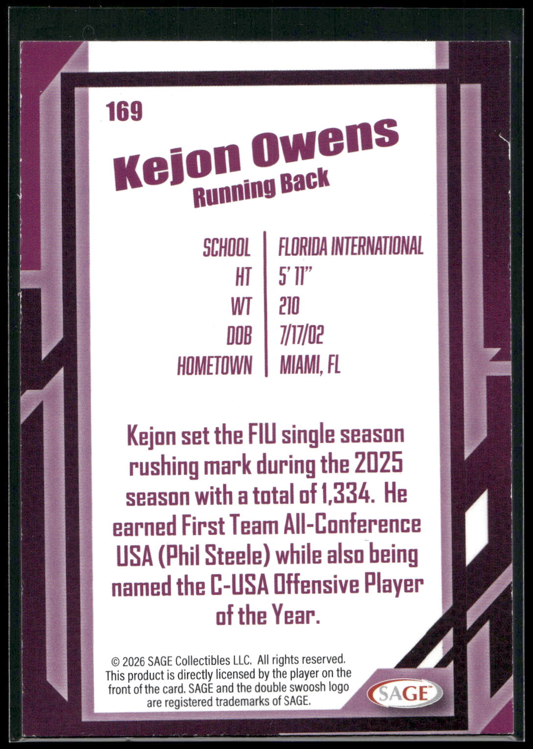 2026 SAGE #169 Kejon Owens Silver