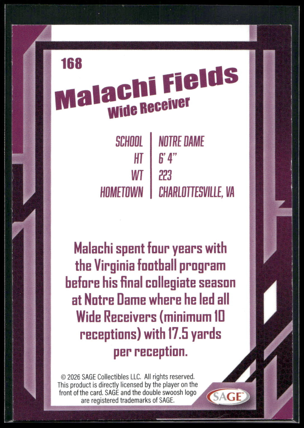 2026 SAGE #168 Malachi Fields Silver
