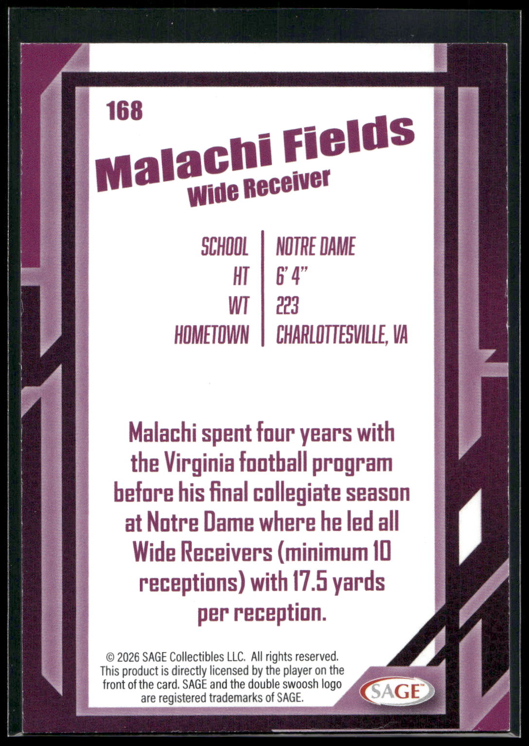 2026 SAGE #168 Malachi Fields Silver