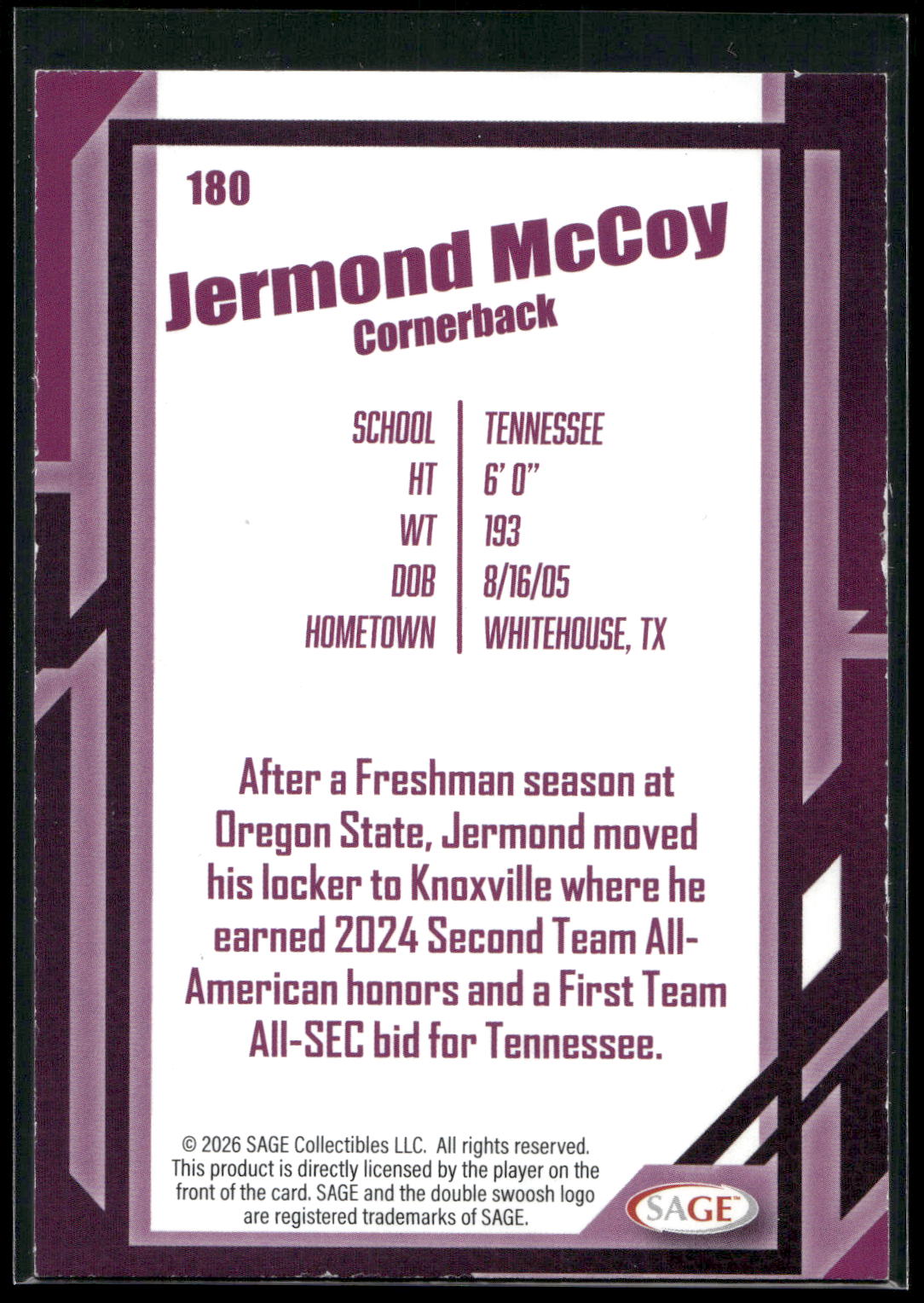 2026 SAGE #180 Jermod McCoy Silver
