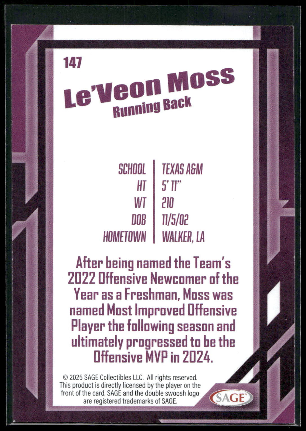 2026 SAGE #147 Le'Veon Moss Silver