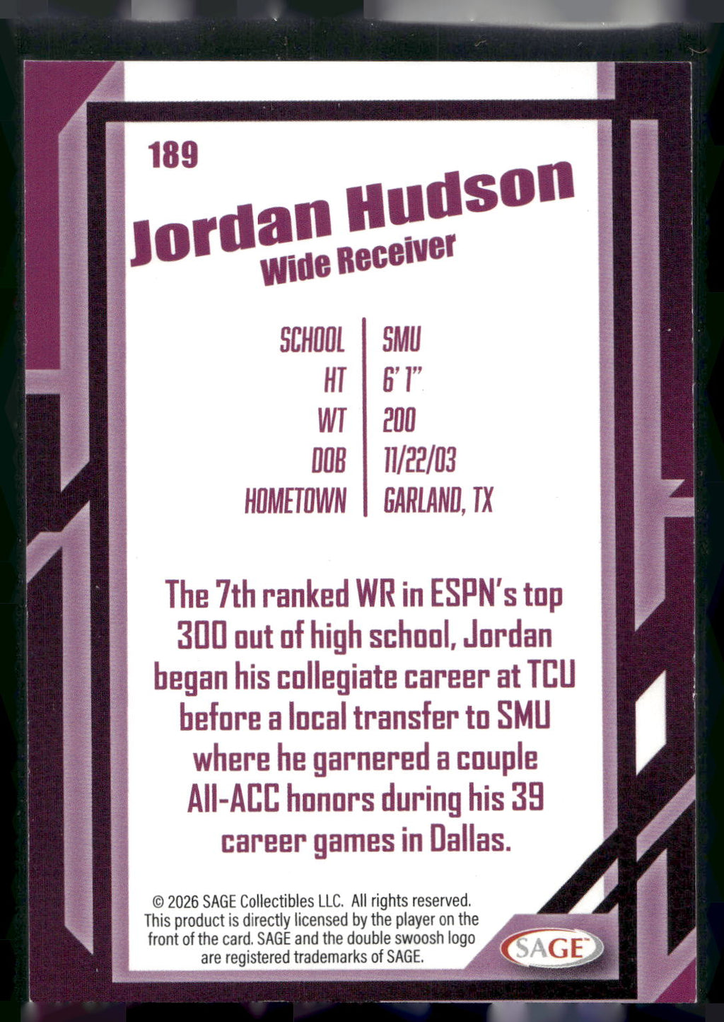 2026 SAGE #189 Jordan Hudson Black