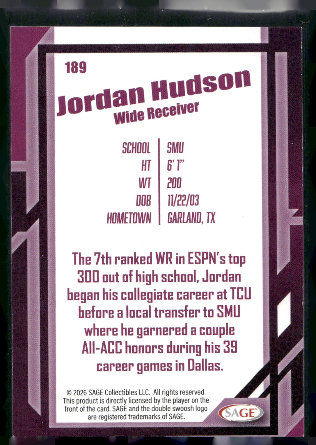 2026 SAGE #189 Jordan Hudson Black