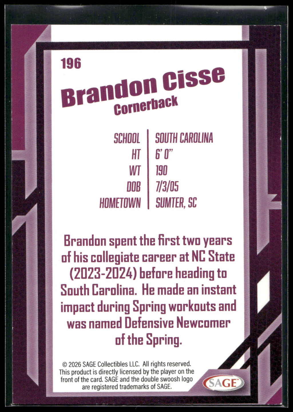 2026 SAGE #196 Brandon Cisse Black