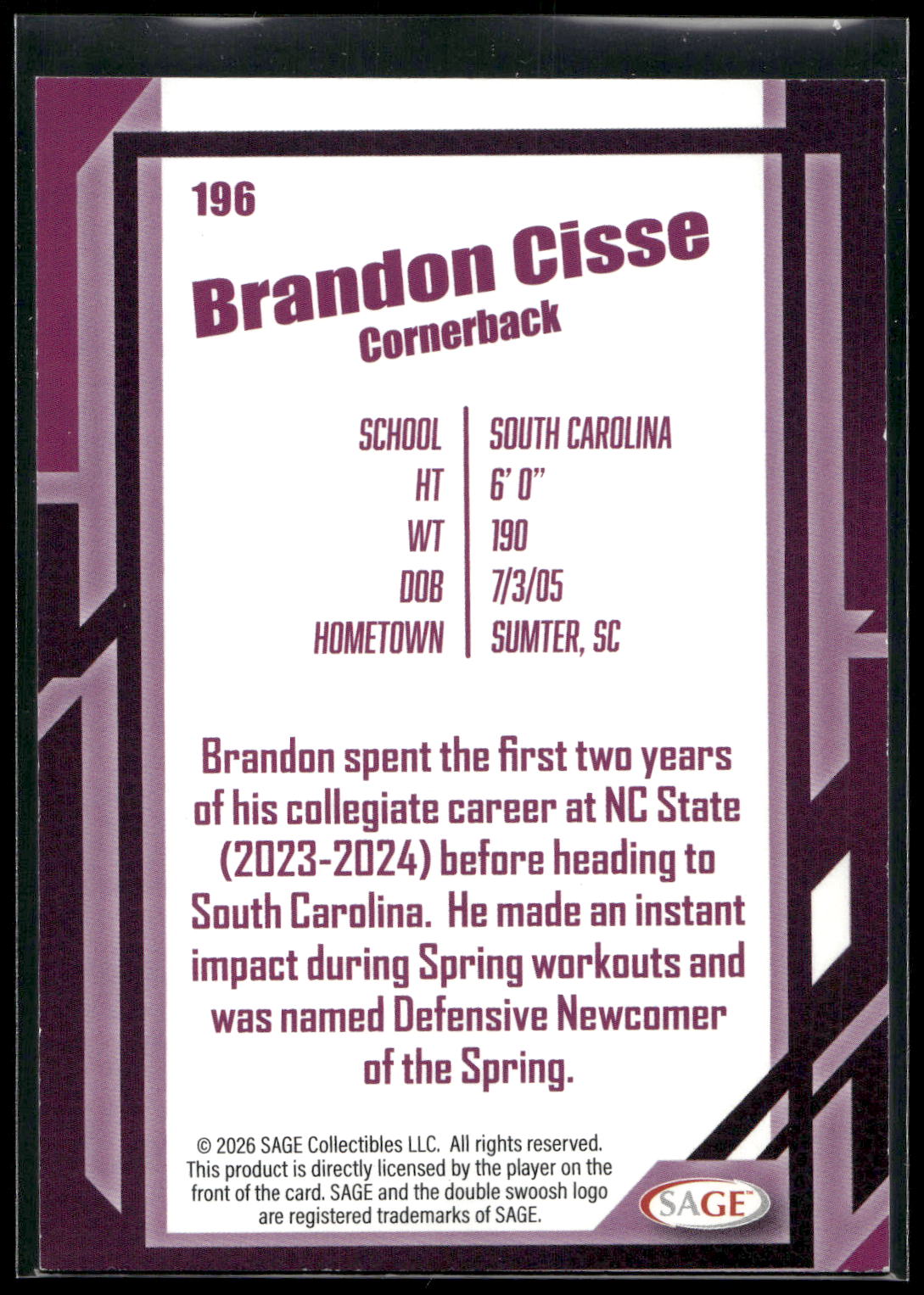 2026 SAGE #196 Brandon Cisse Black