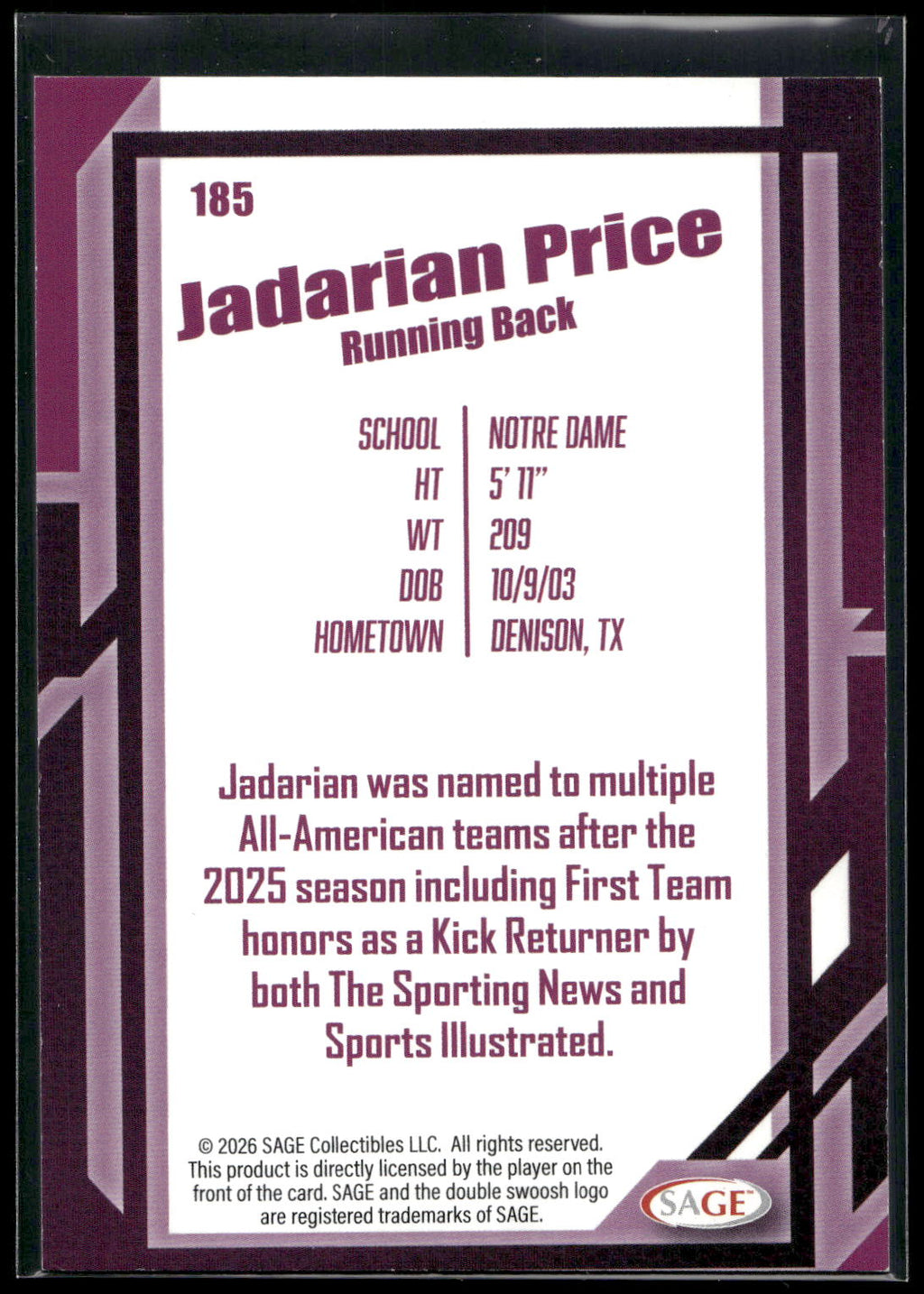 2026 SAGE #185 Jadarian Price Black