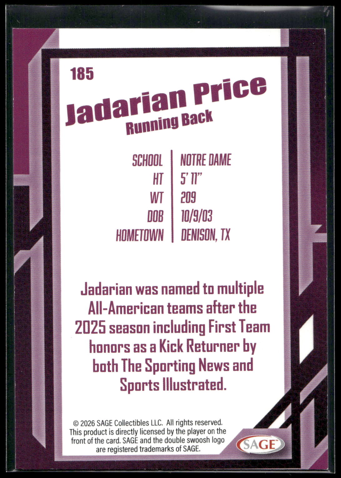 2026 SAGE #185 Jadarian Price Black