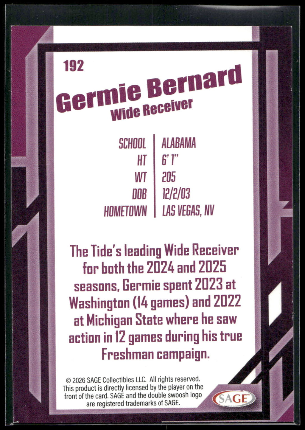 2026 SAGE #192 Germie Bernard Black