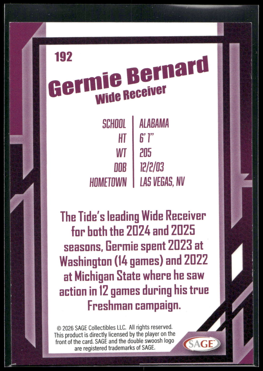 2026 SAGE #192 Germie Bernard Black