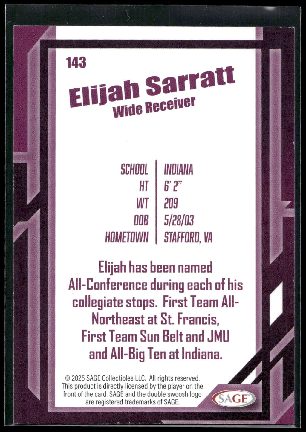 2026 SAGE #143 Elijah Sarratt Black