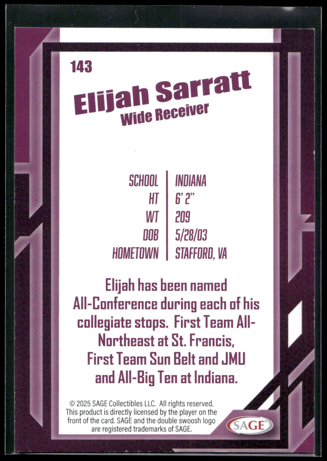 2026 SAGE #143 Elijah Sarratt Black