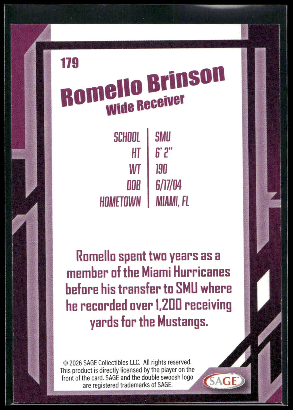 2026 SAGE #179 Romello Brinson Black