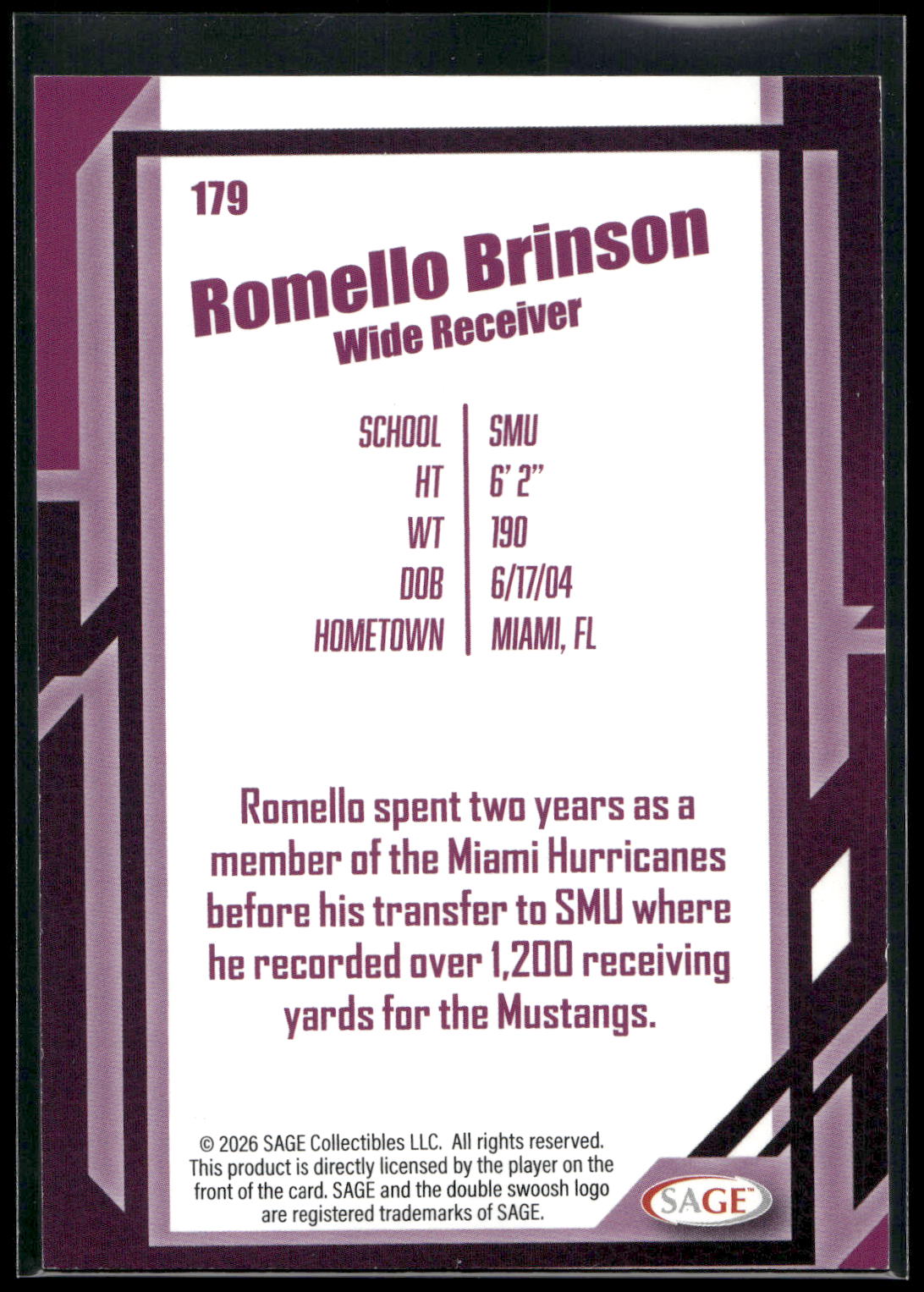 2026 SAGE #179 Romello Brinson Black