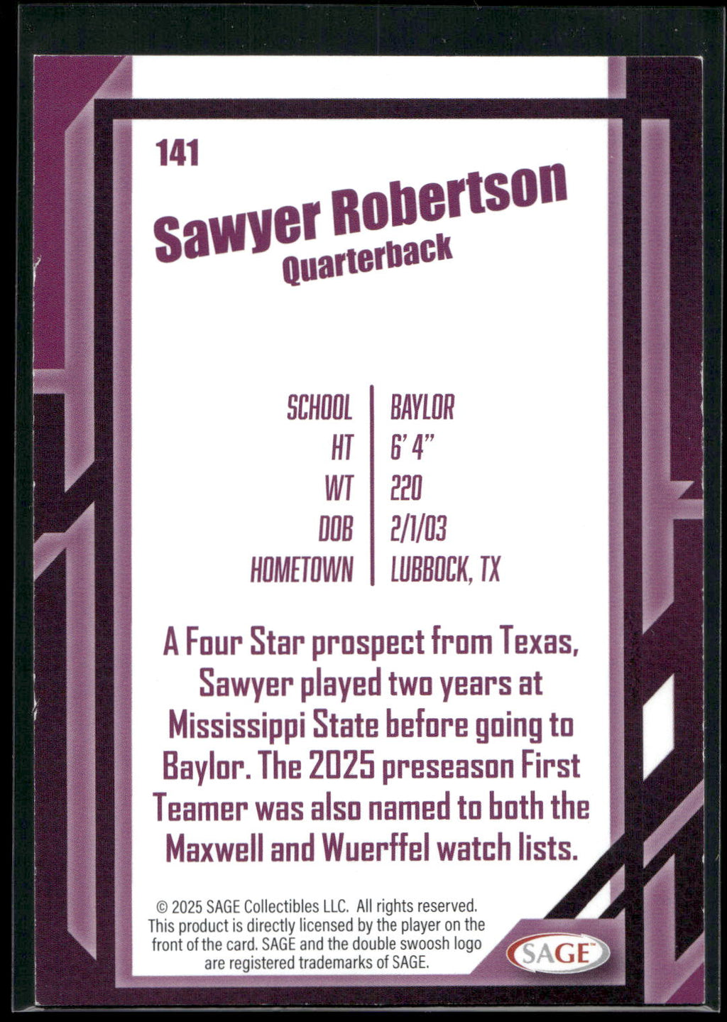 2026 SAGE #141 Sawyer Robertson Black
