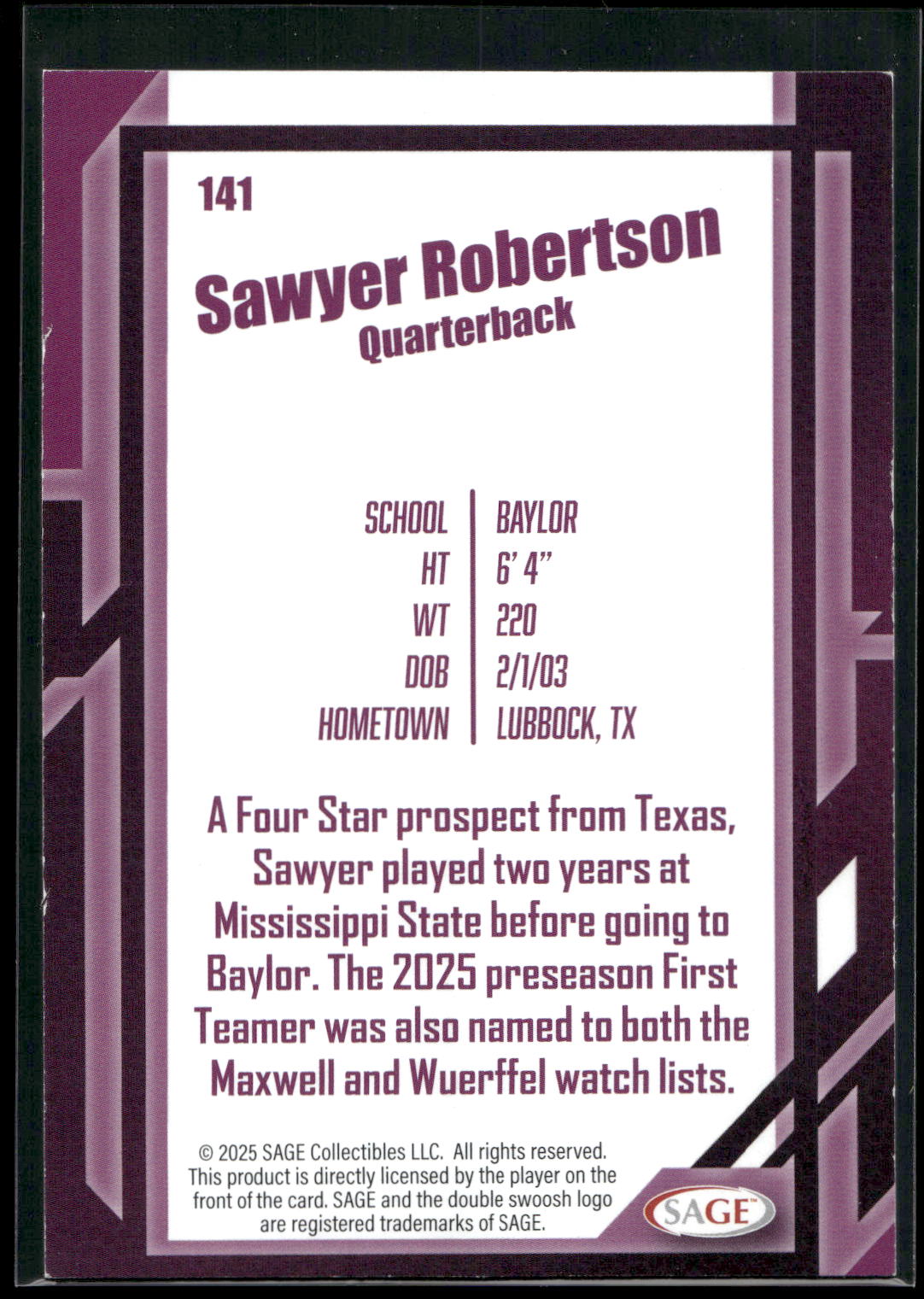 2026 SAGE #141 Sawyer Robertson Black