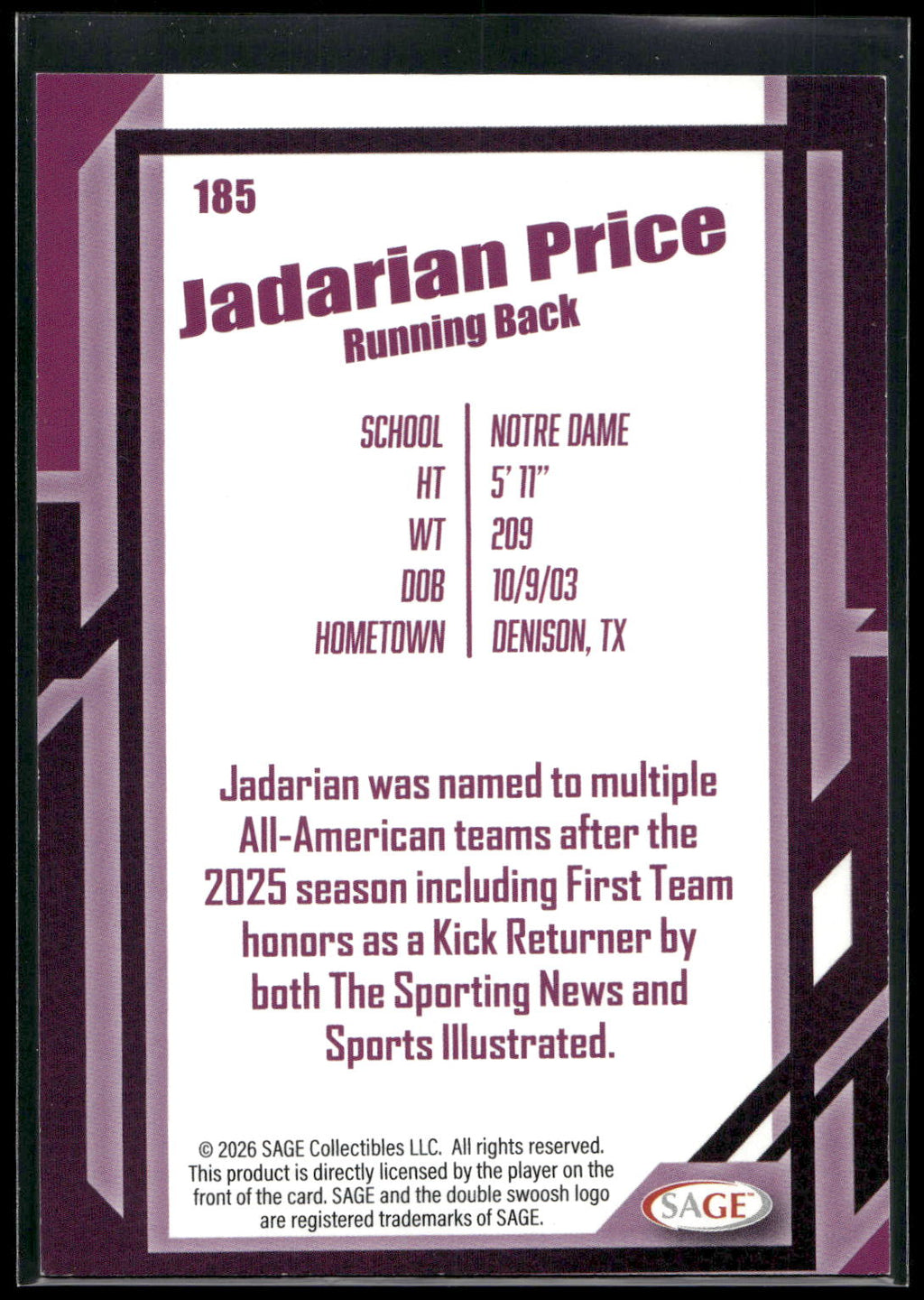 2026 SAGE #185 Jadarian Price Black