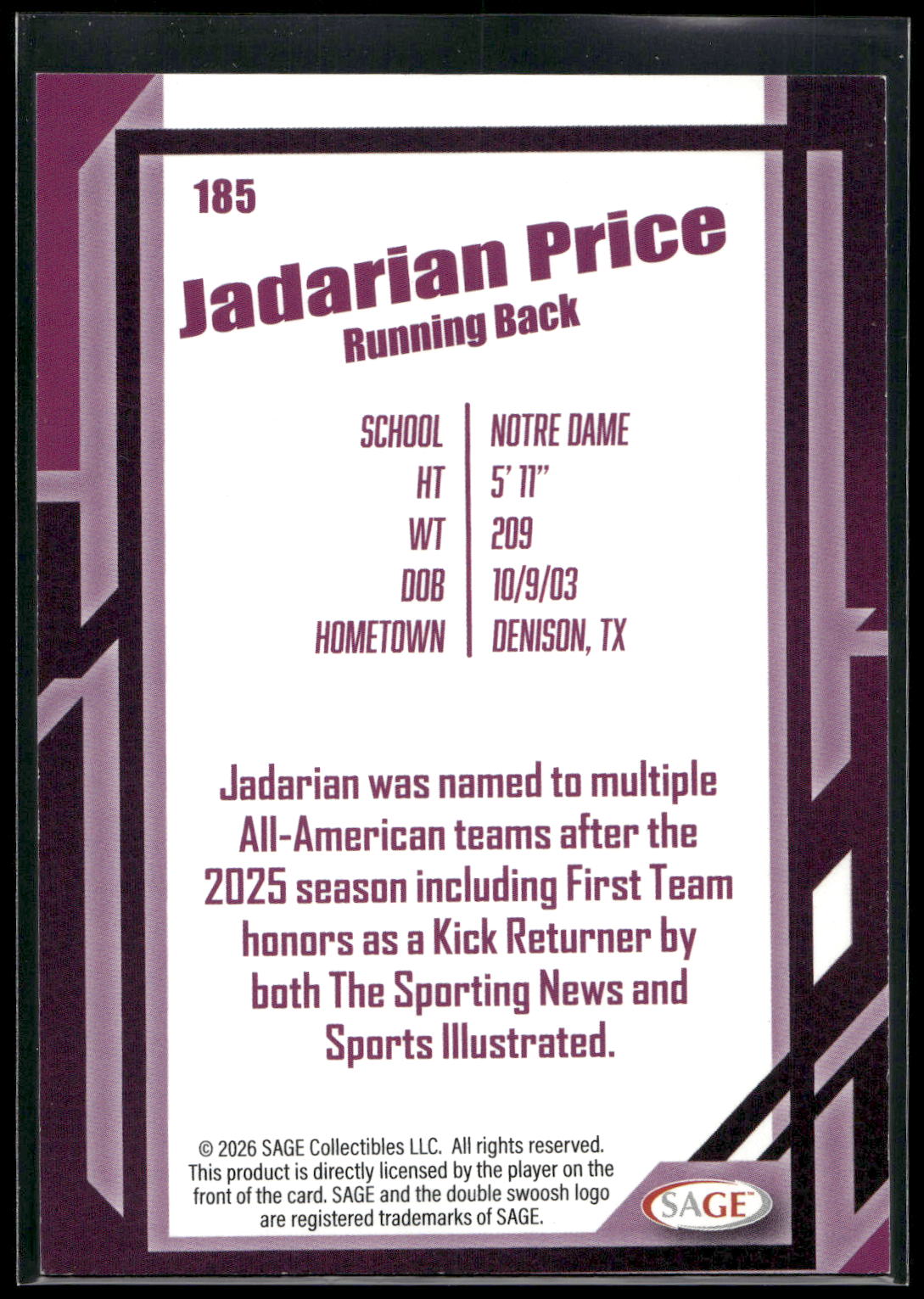 2026 SAGE #185 Jadarian Price Black