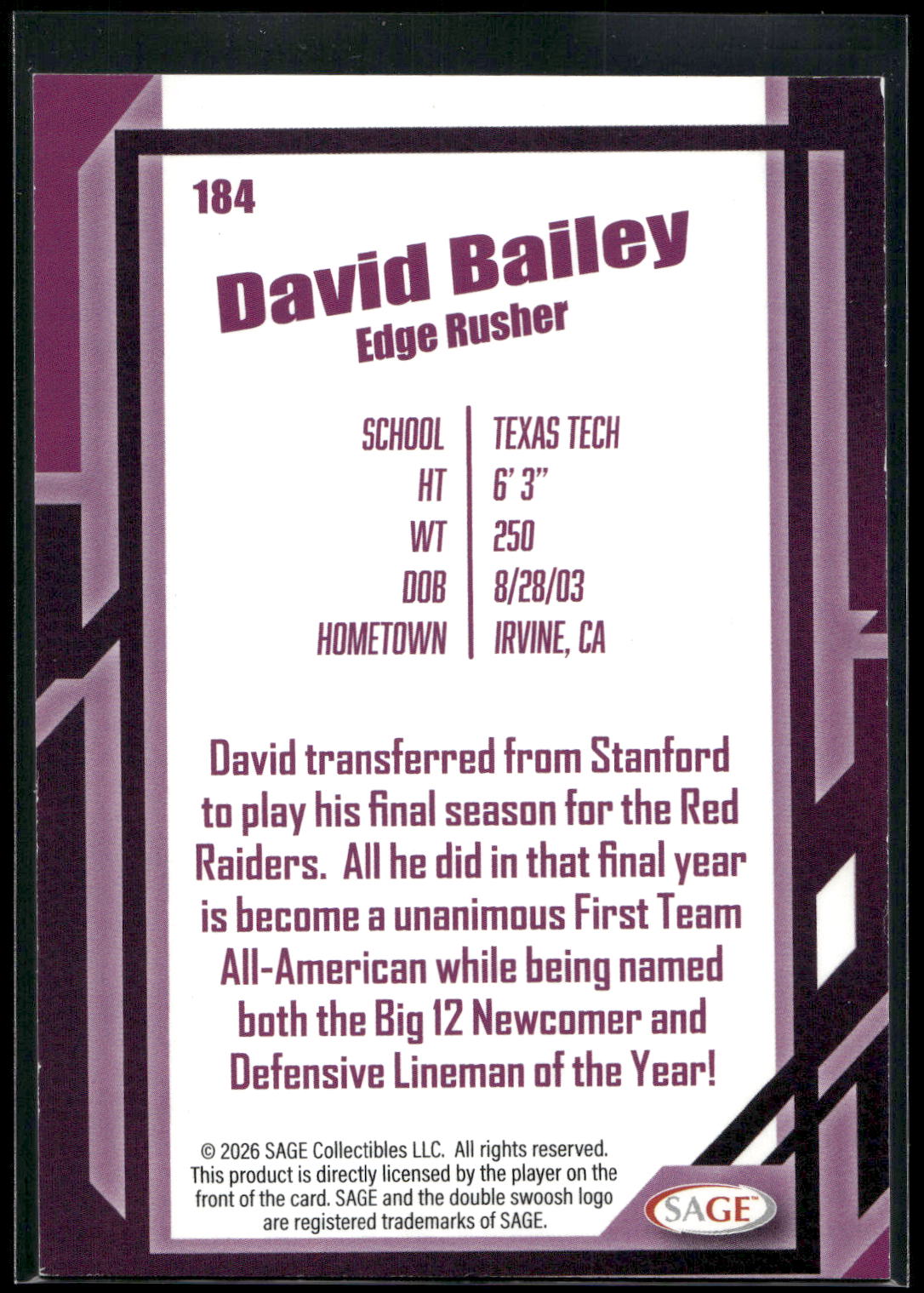 2026 SAGE #184 David Bailey Black