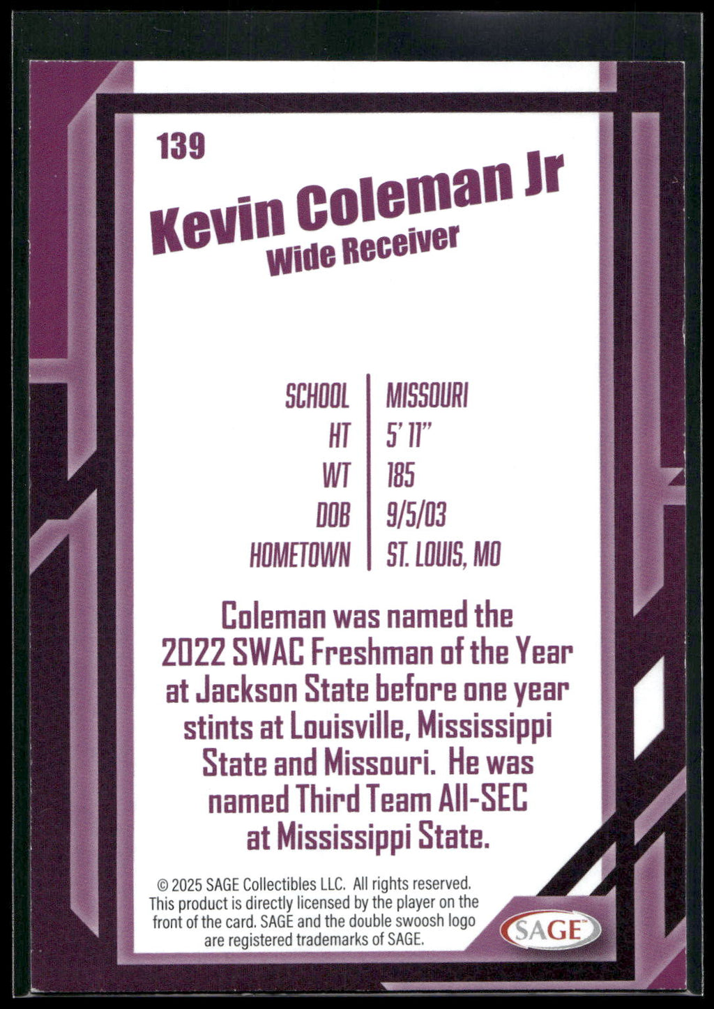 2026 SAGE #139 Kevin Coleman Jr. Black