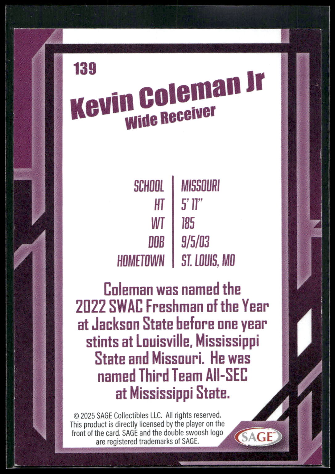 2026 SAGE #139 Kevin Coleman Jr. Black