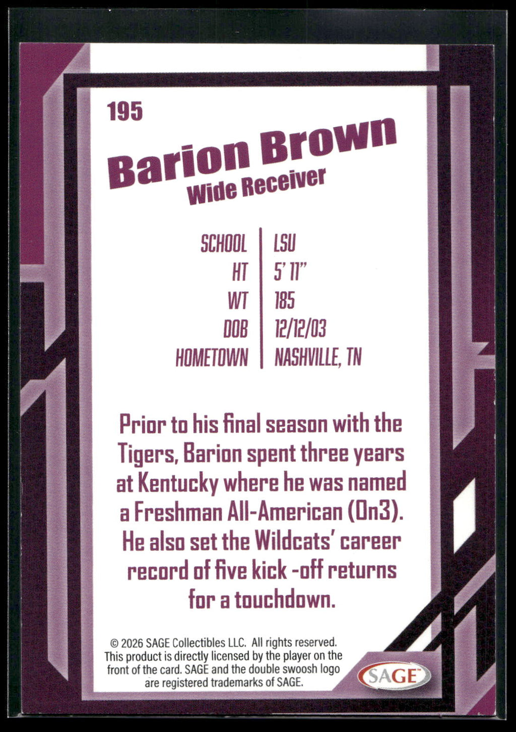 2026 SAGE #195 Barion Brown Black