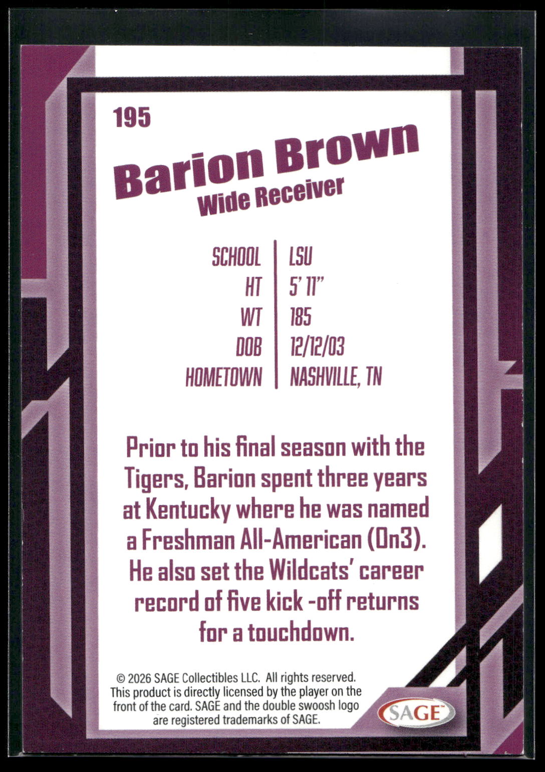 2026 SAGE #195 Barion Brown Black