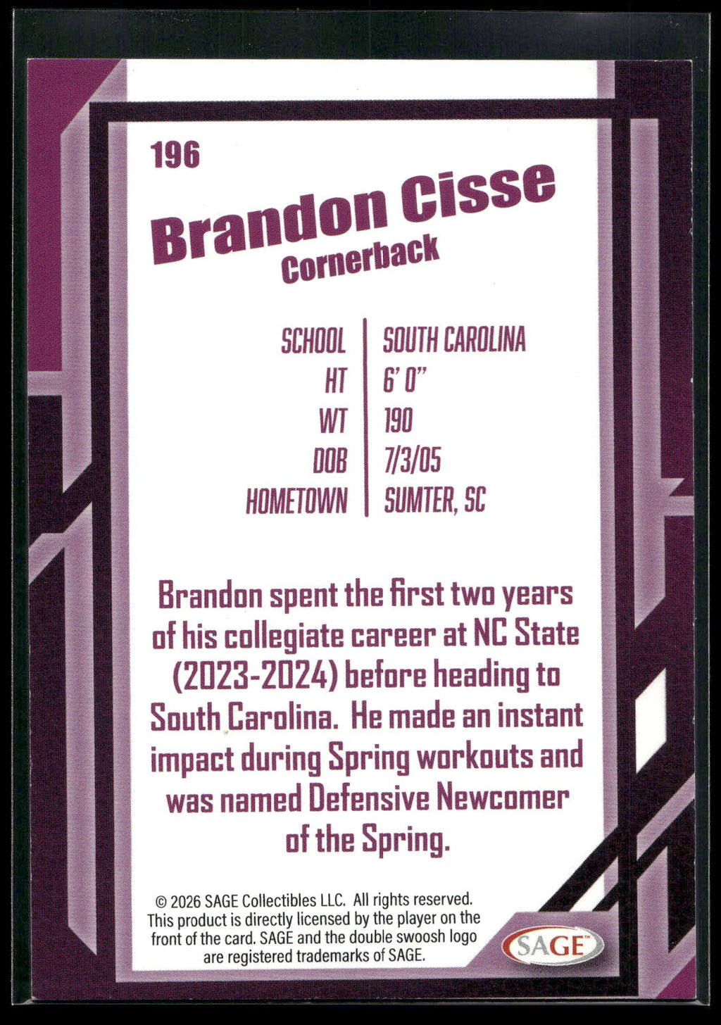 2026 SAGE #196 Brandon Cisse Black